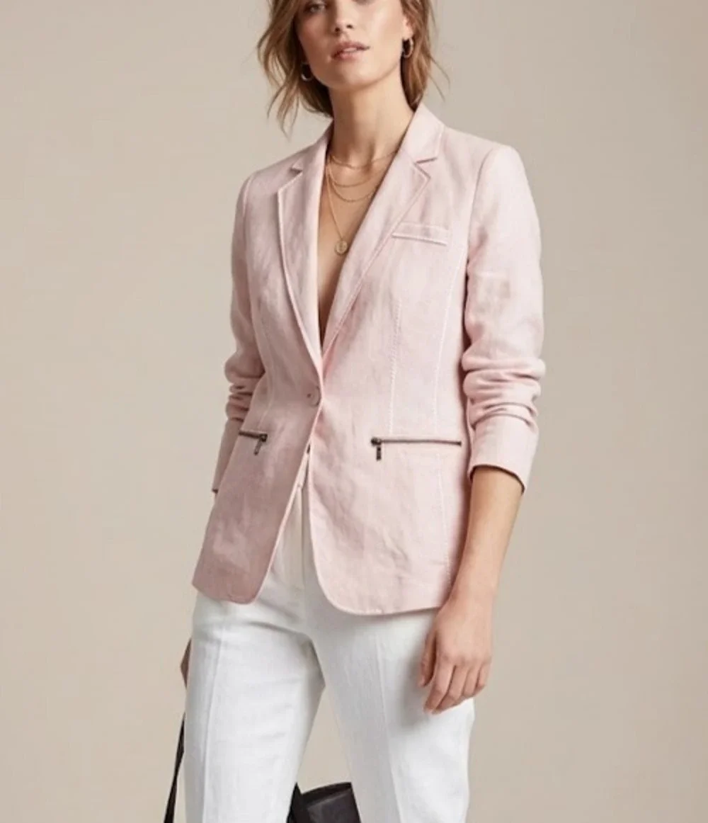 Michael Stars Lgt Pink Linen Blazer Womens Large 1 Button 2 Zip Pocket L Casual